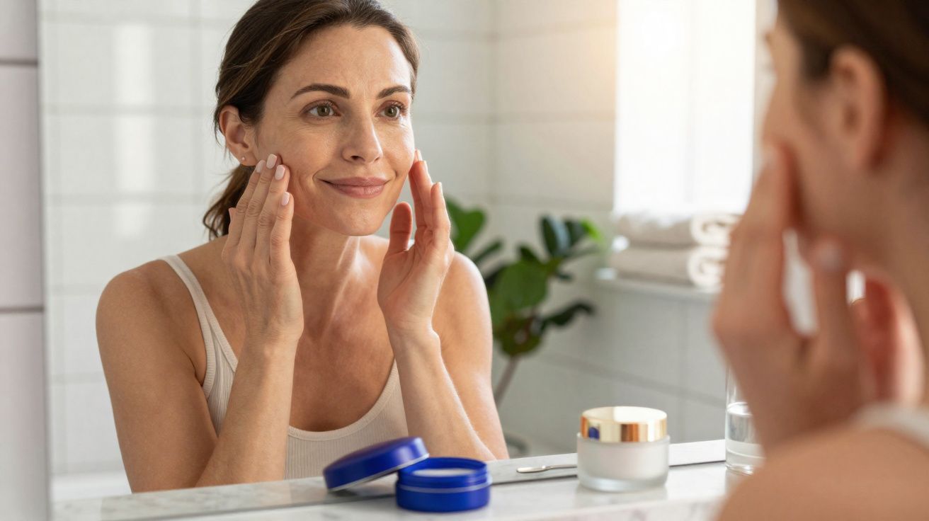 Mulher aplicando creme facial, olhando para espelho em banheiro iluminado, com potes de cosméticos na bancada.