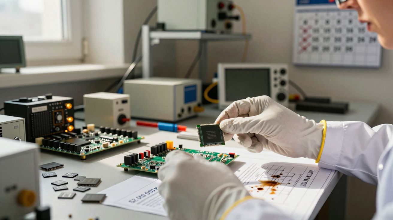 Pessoa com luvas manipulando microchip em laboratório de eletrônica com placas e equipamentos ao redor.