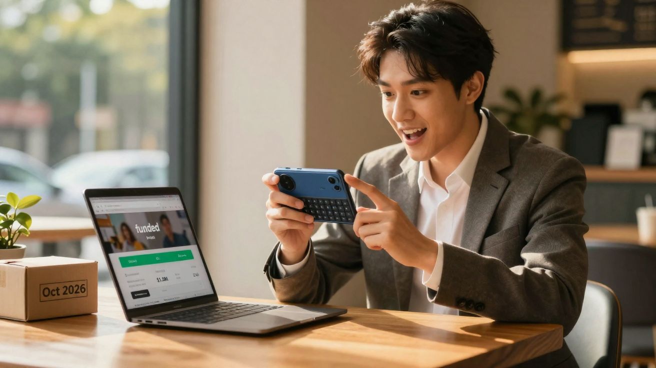 Jovem sorridente em terno olhando para celular com laptop aberto em mesa de madeira à sua frente.