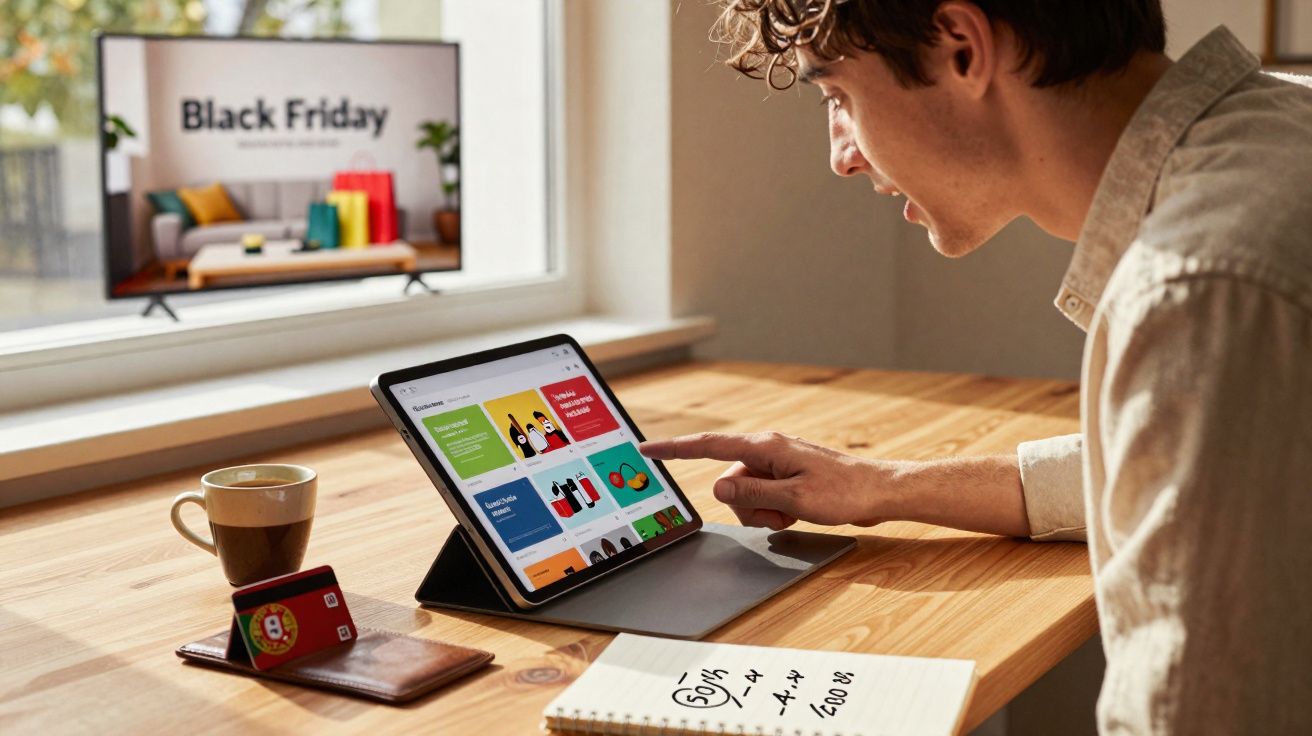 Homem usando tablet para compras online com promoção de Black Friday na TV ao fundo.