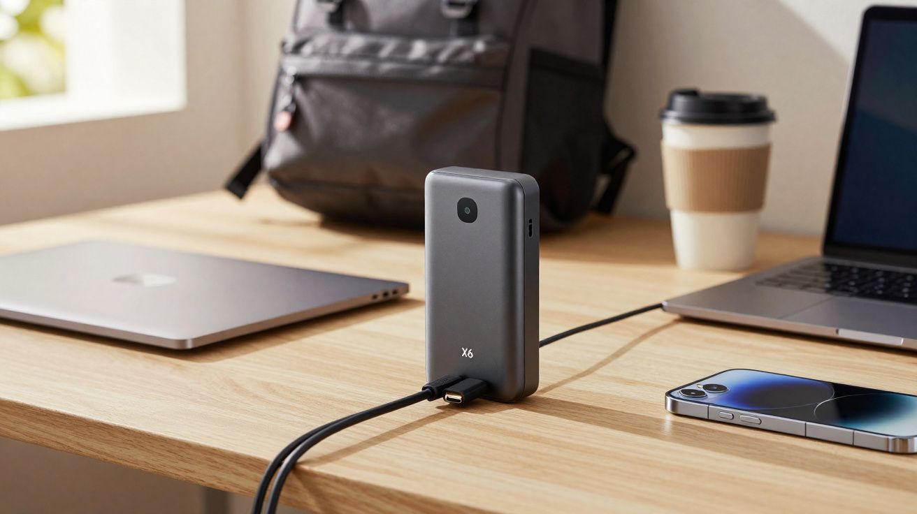 Bateria portátil cinza conectada a dois cabos em mesa com laptops, celular e copo de café.