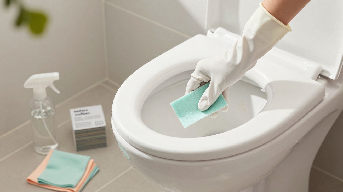 Pessoa com luva branca limpando vaso sanitário branco com esponja verde dentro do banheiro.