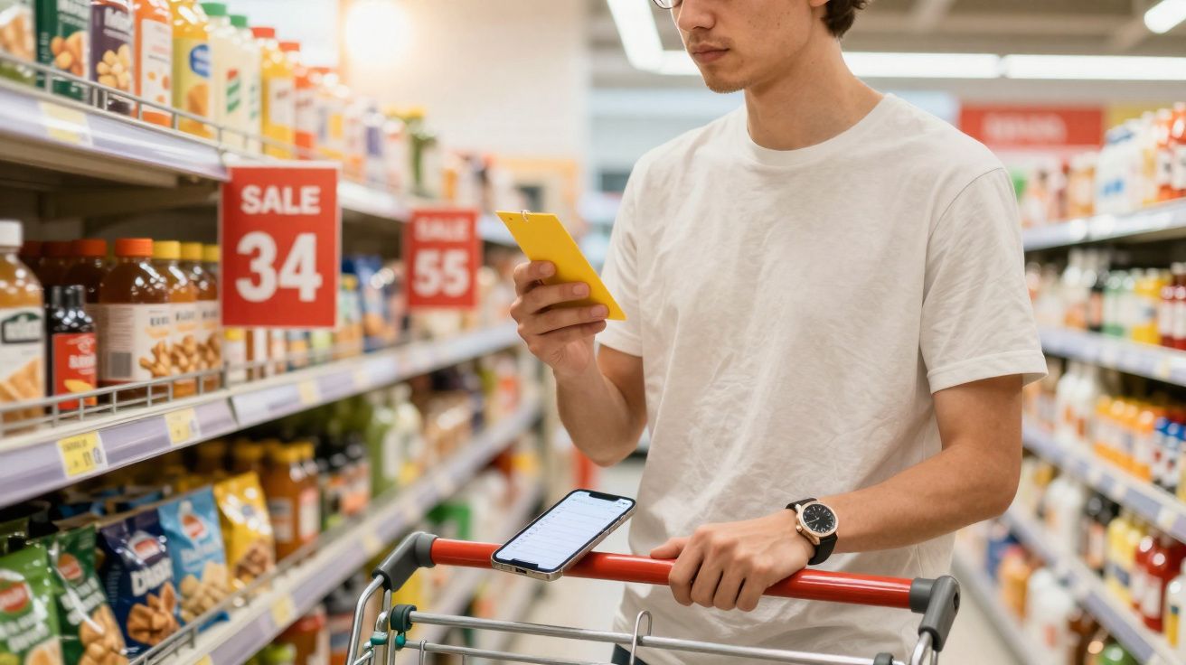 Jovem com camiseta branca usa celular enquanto empurra carrinho de compras em supermercado.
