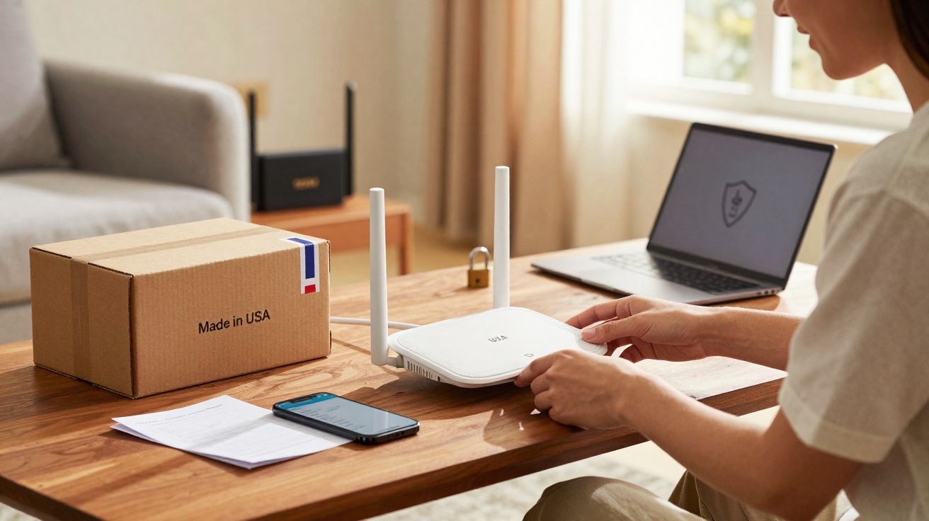 Pessoa ajustando roteador Wi-Fi em mesa com laptop, celular, caixa de papelão e documentos em ambiente claro.