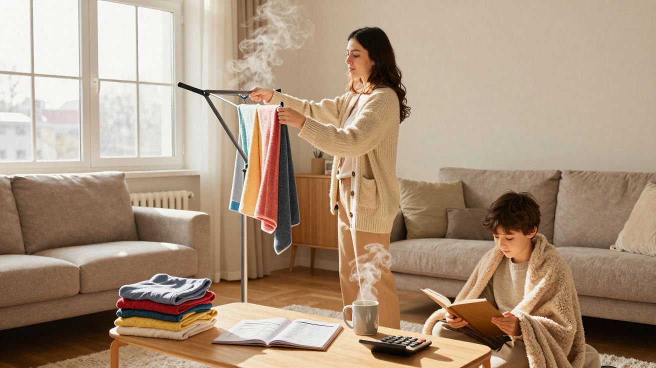 Mulher passa toalhas no vaporizador enquanto criança lê envolto em cobertor na sala iluminada.