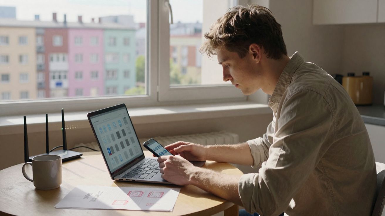 Homem trabalhando em mesa com laptop, celular e documentos próximo a janela com prédios ao fundo.