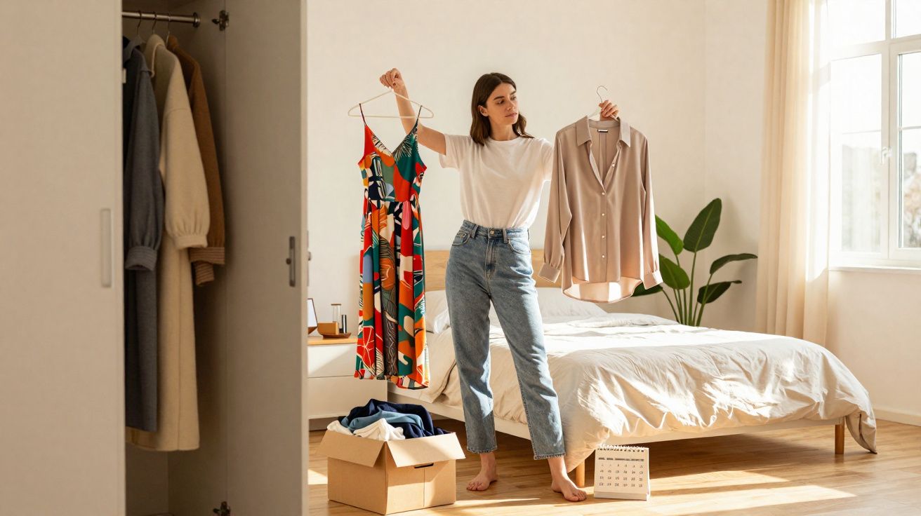 Mulher em quarto iluminado segura vestido colorido e camisa bege, cercada por caixa e cama arrumada.