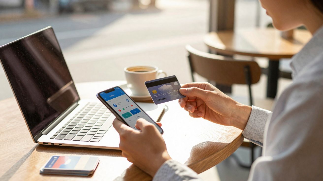 Pessoa usando celular e cartão de crédito para pagamento online com laptop e café na mesa.