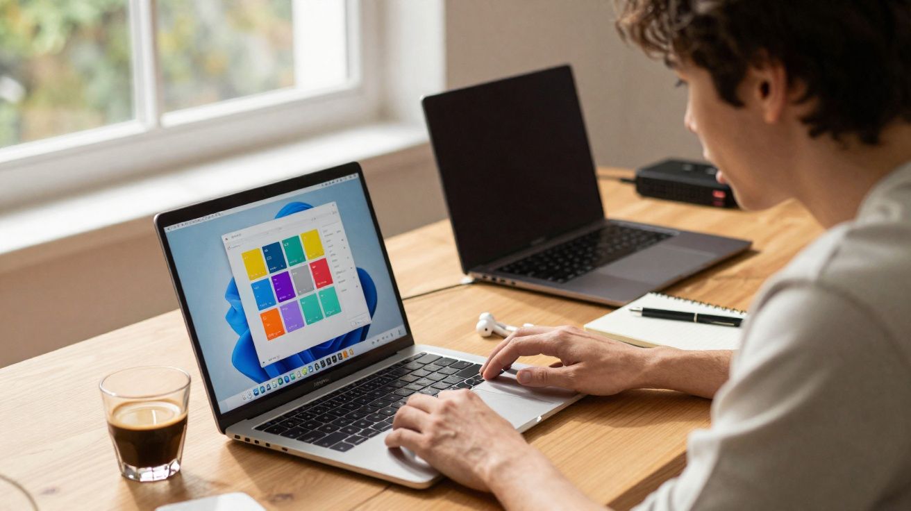 Pessoa usando laptop com aplicativo colorido aberto, mesa de madeira com café e caderno próximo.