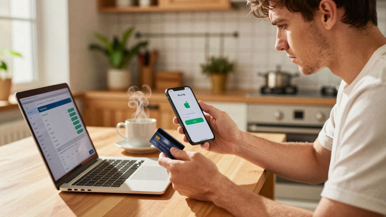 Homem usando smartphone e cartão de crédito para pagar online enquanto está na cozinha com laptop aberto.