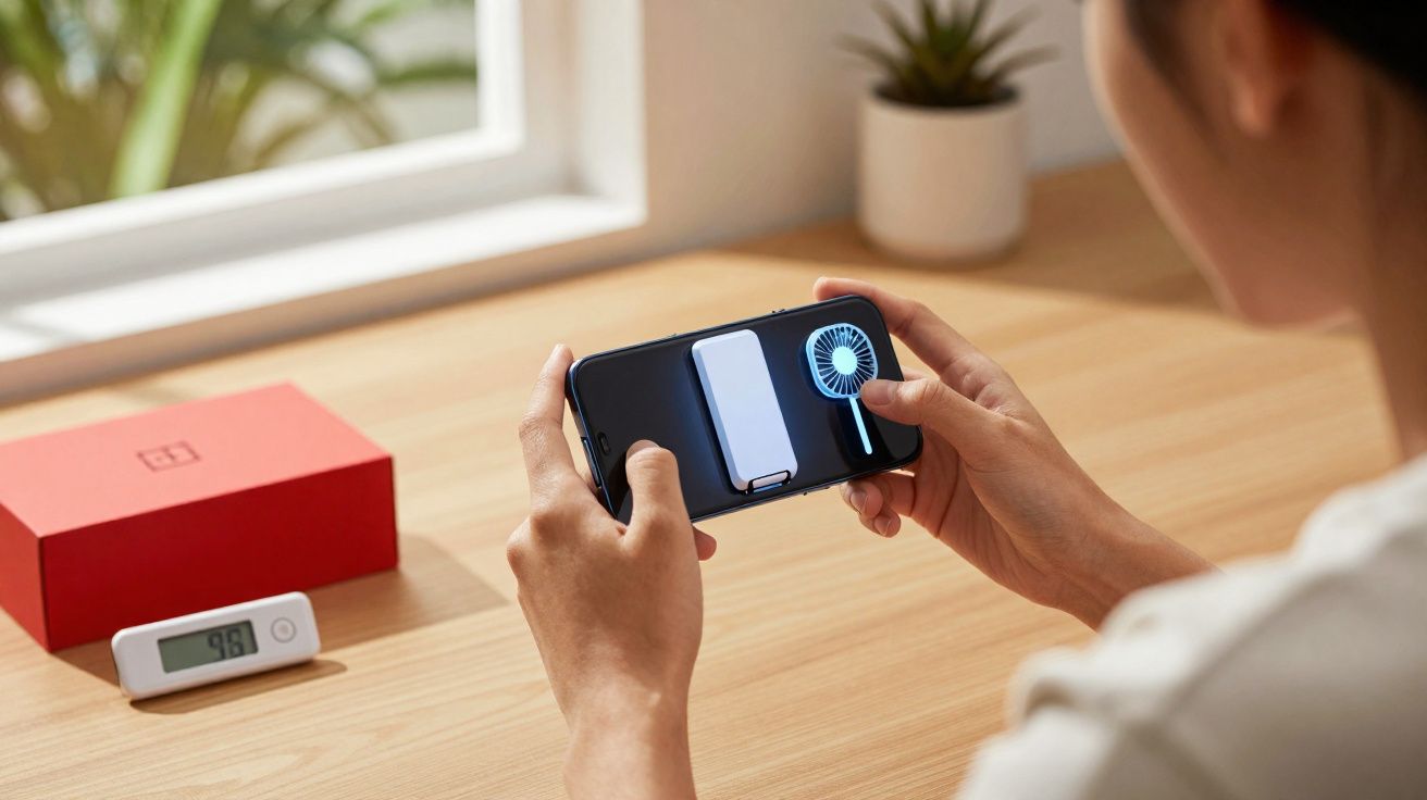 Pessoa segurando smartphone com ventilador digital na tela, em mesa com caixa vermelha e termômetro.