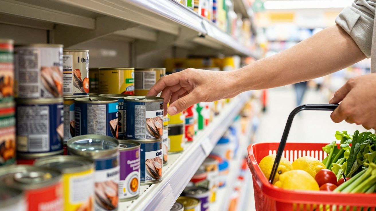 Pessoa segurando cesta de compras com frutas e verduras pega lata em prateleira de supermercado.