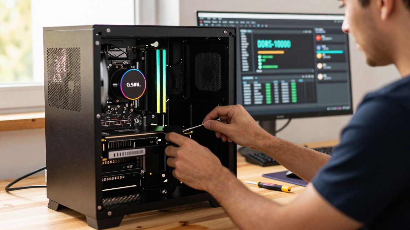 Pessoa montando ou consertando computador desktop com gabinetes abertos e monitor ao fundo.