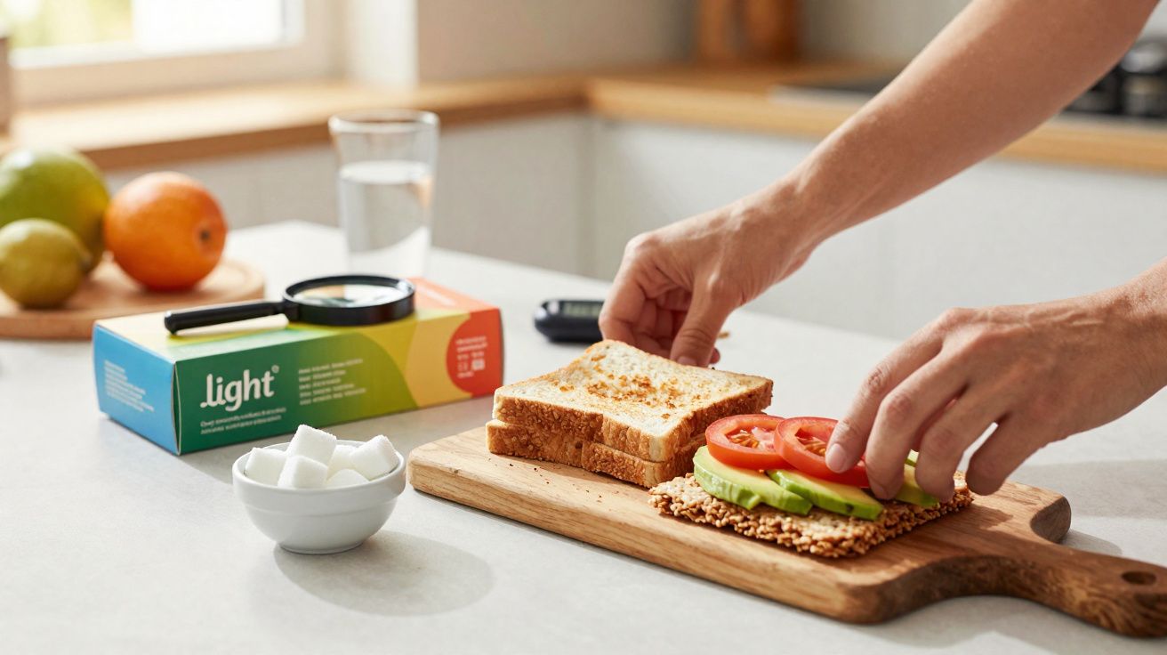 Mãos preparando sanduíche com fatias de tomate e abacate em tábua de madeira na cozinha.
