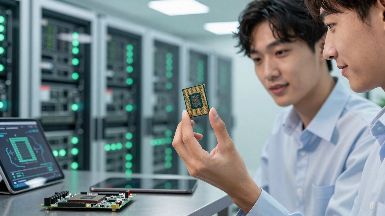 Dois homens analisando um microchip em laboratório de servidores com equipamentos eletrônicos ao redor.