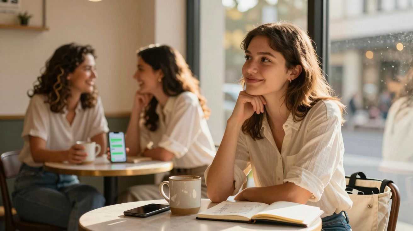 Mulher sorrindo pensativa em café, com livro aberto, xícara e celular na mesa, enquanto outras conversam ao fundo.