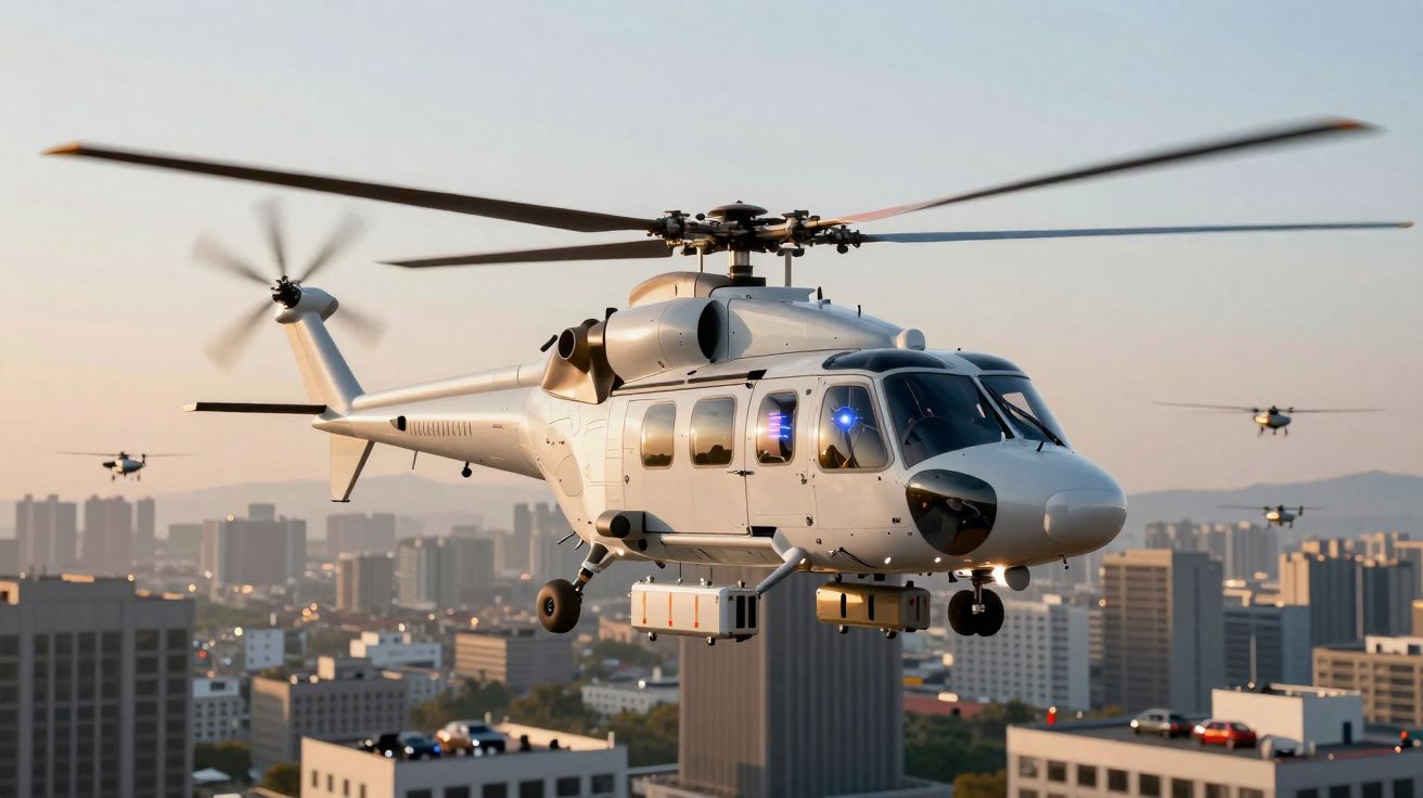 Helicóptero branco voando sobre área urbana com prédios altos ao pôr do sol, acompanhado por três helicópteros menores.