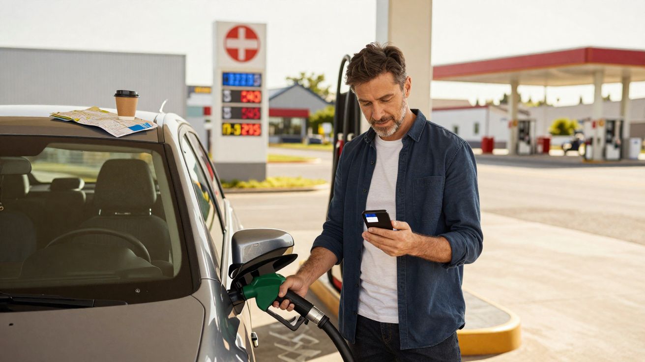 Homem abastecendo carro em posto de gasolina enquanto usa celular com café e mapa no capô.
