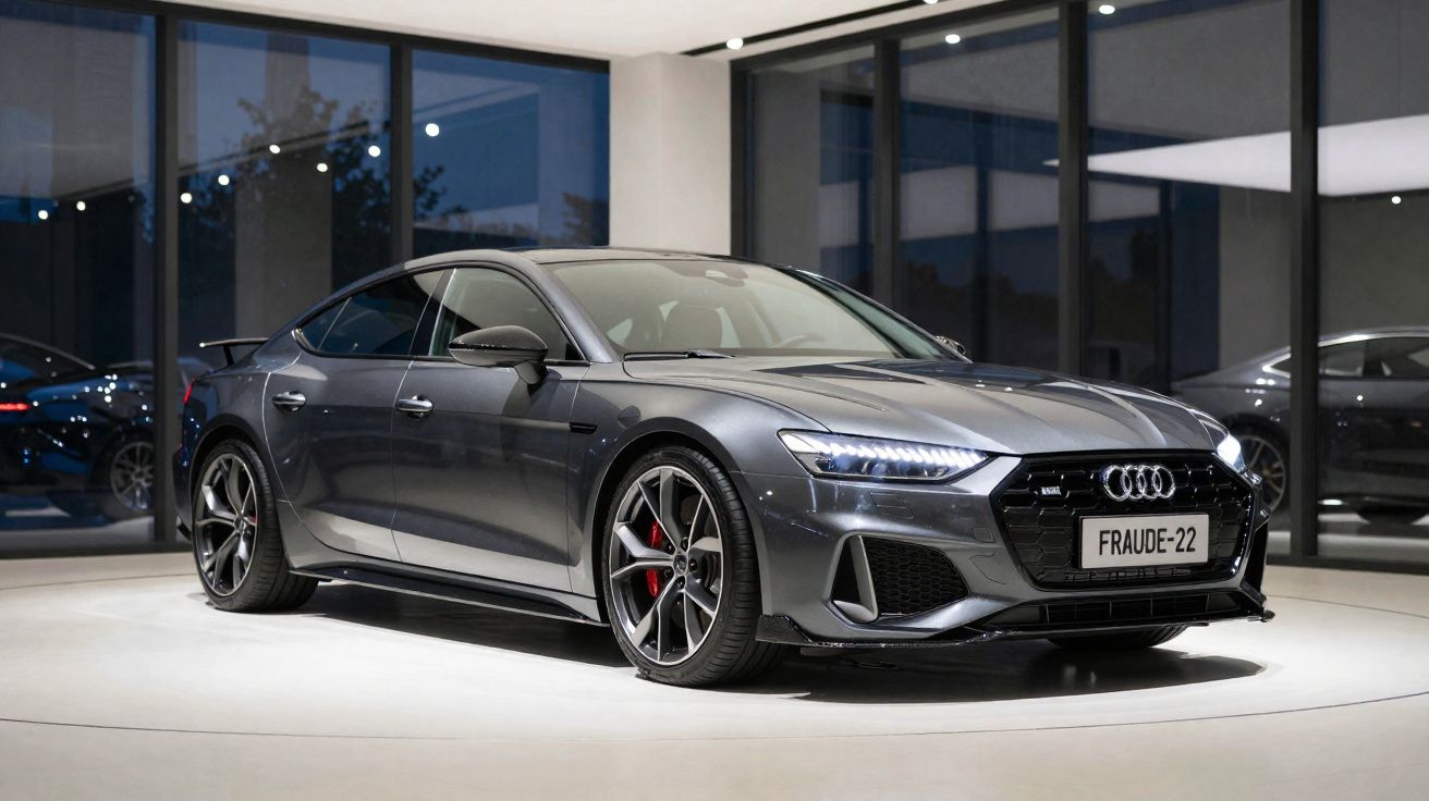 Carro esportivo Audi cinza metálico estacionado em showroom com iluminação moderna e vidro ao fundo.