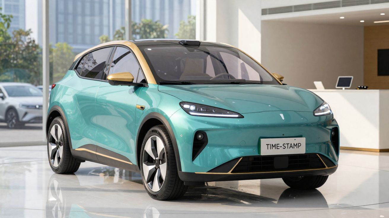 Carro elétrico verde com detalhes dourados exibido em showroom moderno com piso brilhante.