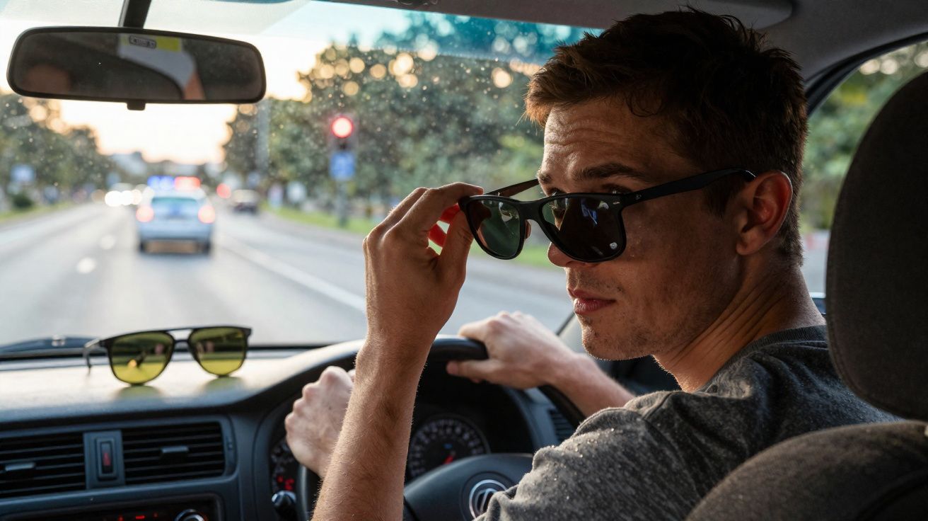 Homem tirando óculos escuros enquanto dirige carro em dia claro com semáforo vermelho ao fundo.