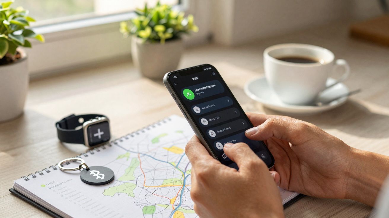 Pessoa segurando smartphone com aplicativo aberto, relógio, chaveiro, mapa, plantas e xícara de café na mesa.