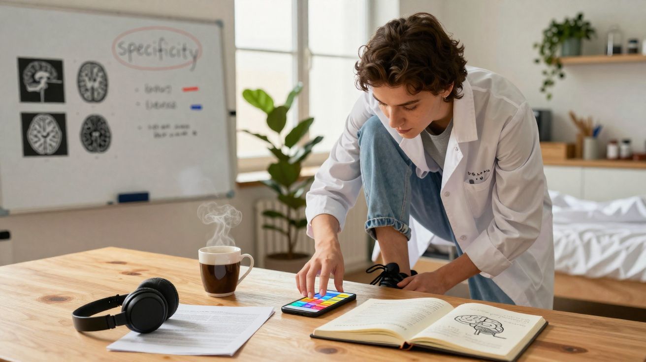 Pessoa em jaleco branco ajustando smartphone colorido sobre mesa com livro aberto e xícara de café fumegante.