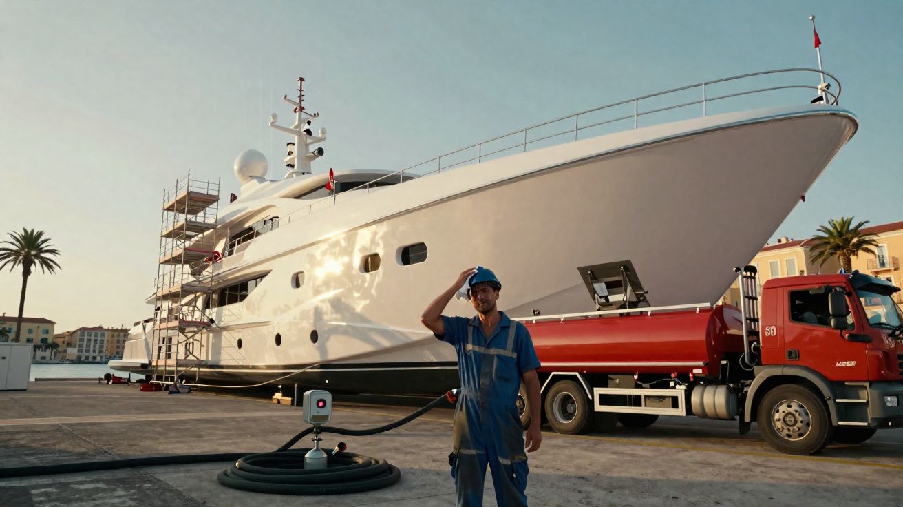 Trabalhador com capacete azul em frente a iate branco atracado e caminhão vermelho em porto ao pôr do sol.