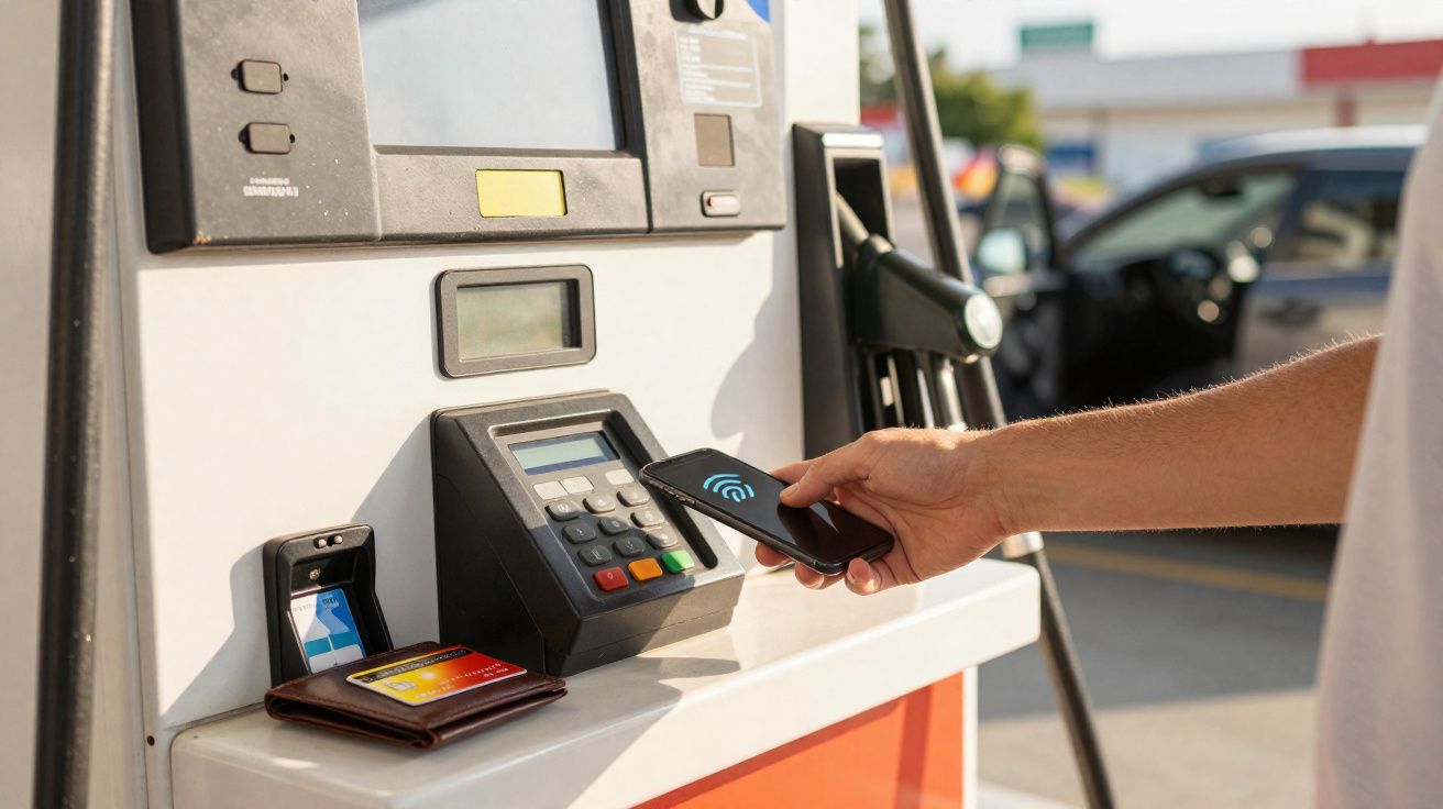 Pessoa pagando com celular por aproximação em bomba de combustível de posto de gasolina.