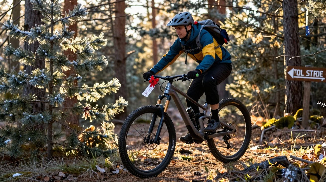 Homem usando capacete e mochila pedala bicicleta em trilha de floresta durante o dia.