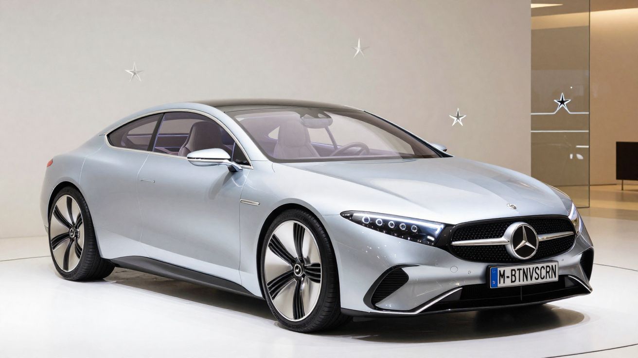 Carro cupê prata futurista da Mercedes-Benz exibido em ambiente interno minimalista.