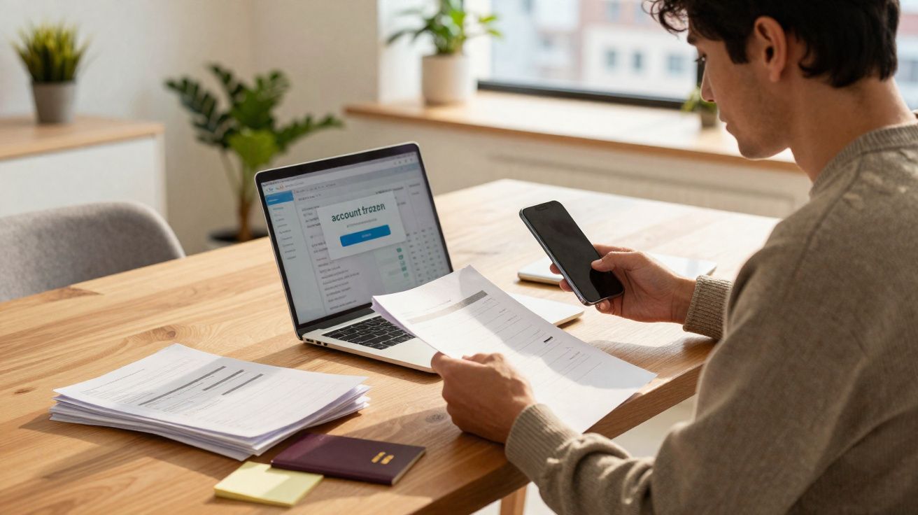 Homem sentado à mesa com laptop, celular e documentos, navegando em conta congelada na tela do computador.