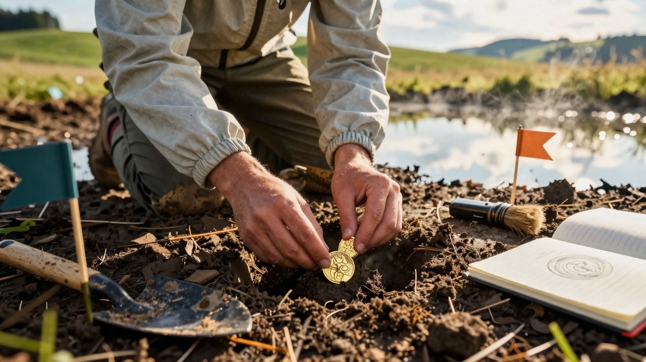 Pessoa desenterrando moeda antiga de ouro em escavação arqueológica ao ar livre ao lado de caderno e ferramentas.