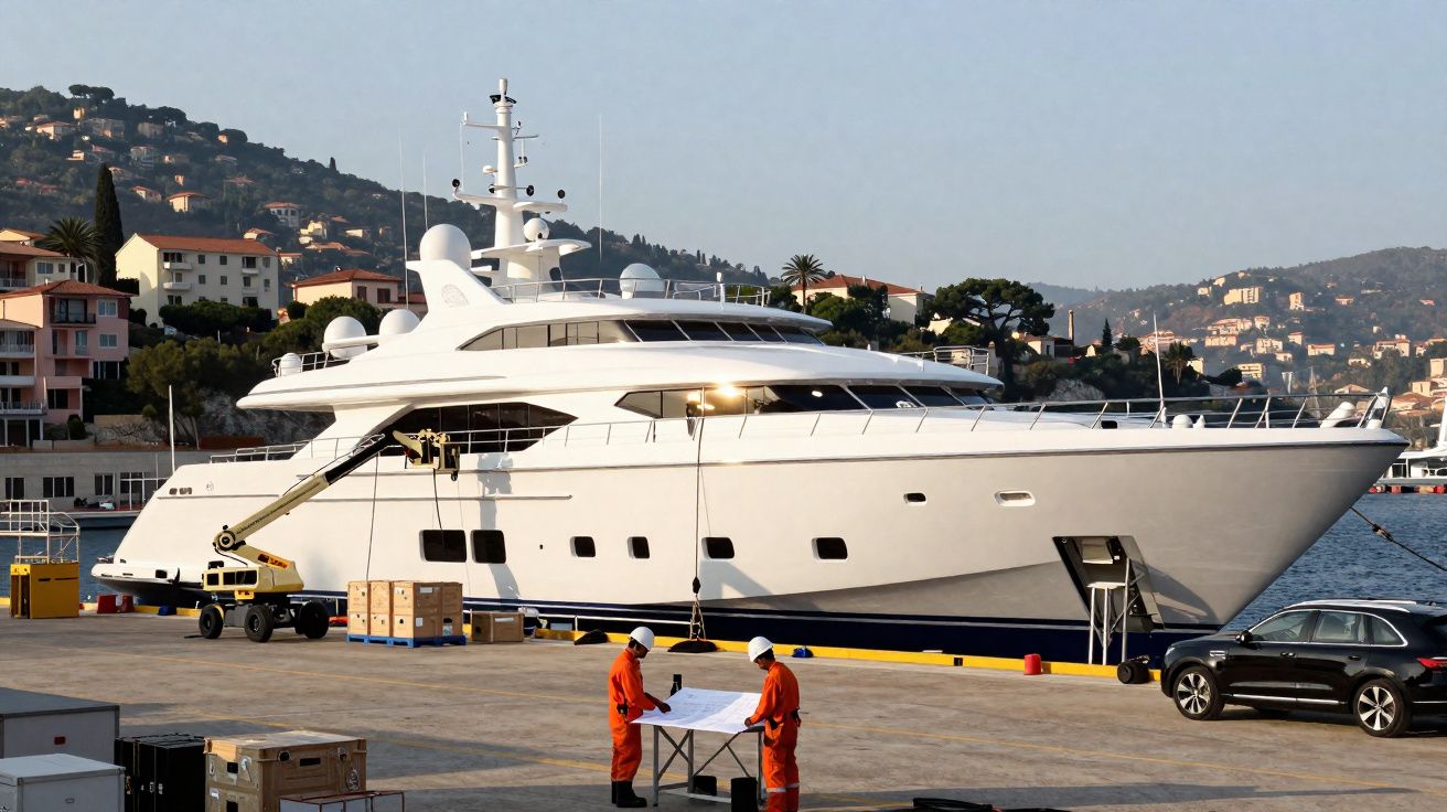 Iate branco atracado em marina com duas pessoas de capacete e macacão laranja analisando planta na doca.