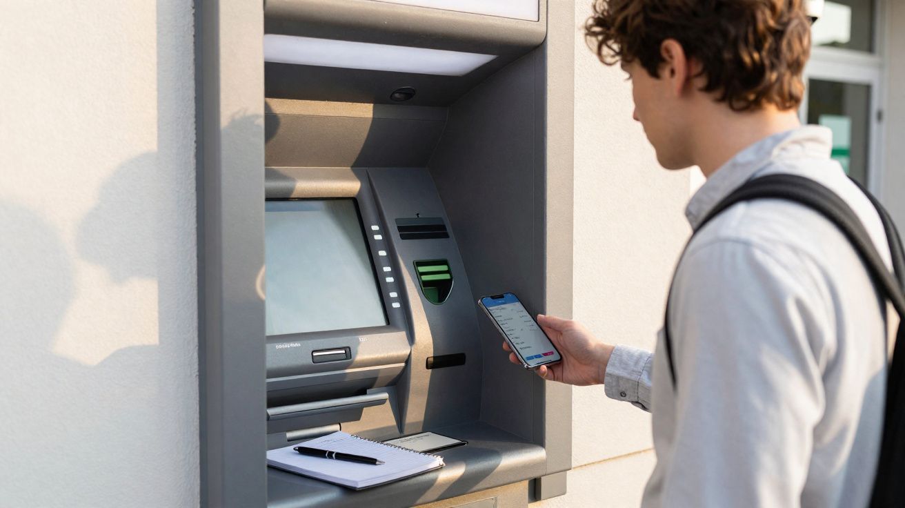 Homem com mochila usando celular em frente a caixa eletrônico com caderno e caneta ao lado.