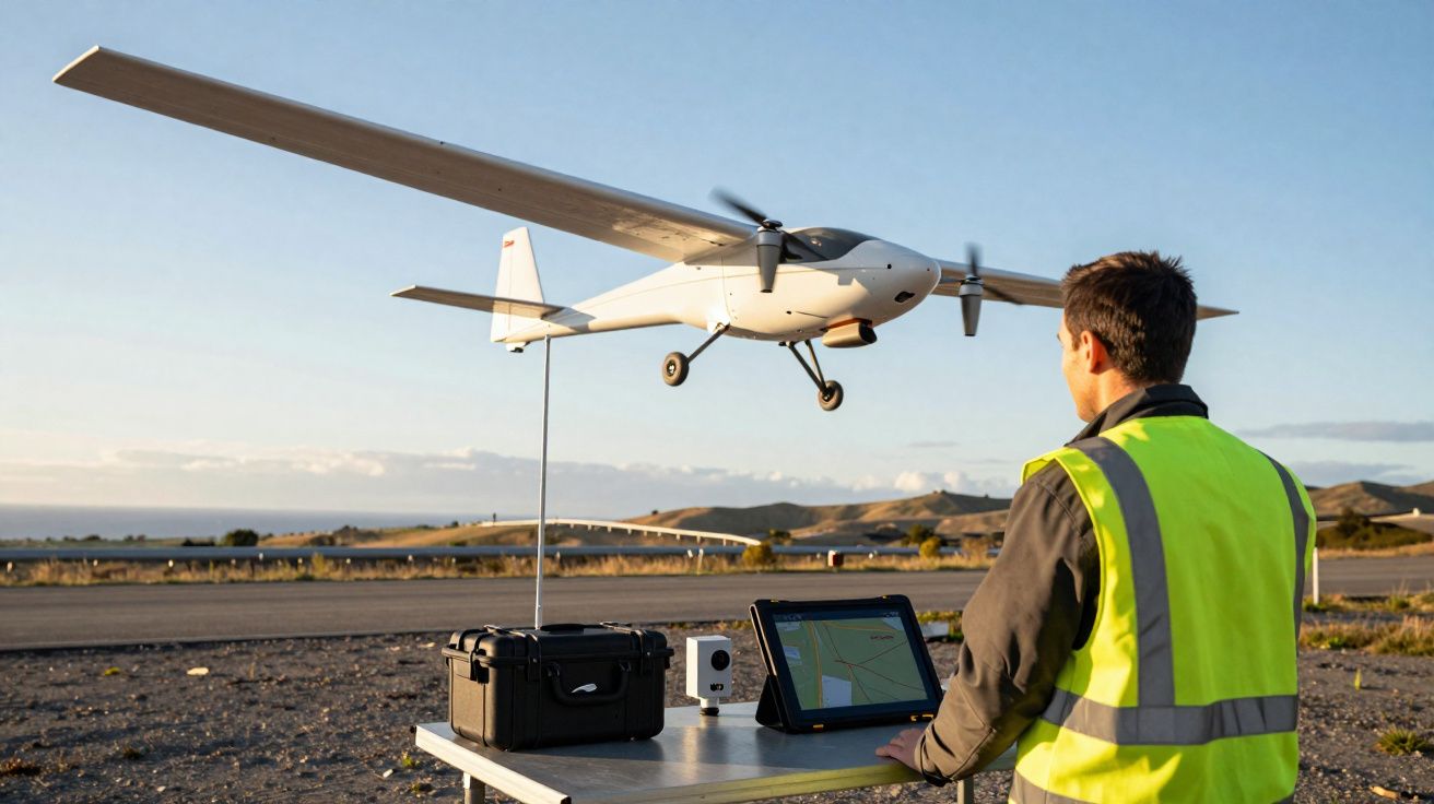 Homem com colete refletivo opera drone branco próximo a mesa com tablet e equipamentos em pista ao ar livre.