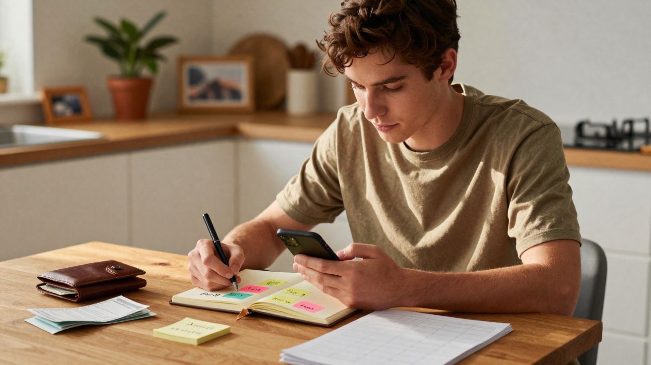 Jovem sentado à mesa em casa, escrevendo em caderno e segurando celular, com documentos espalhados.