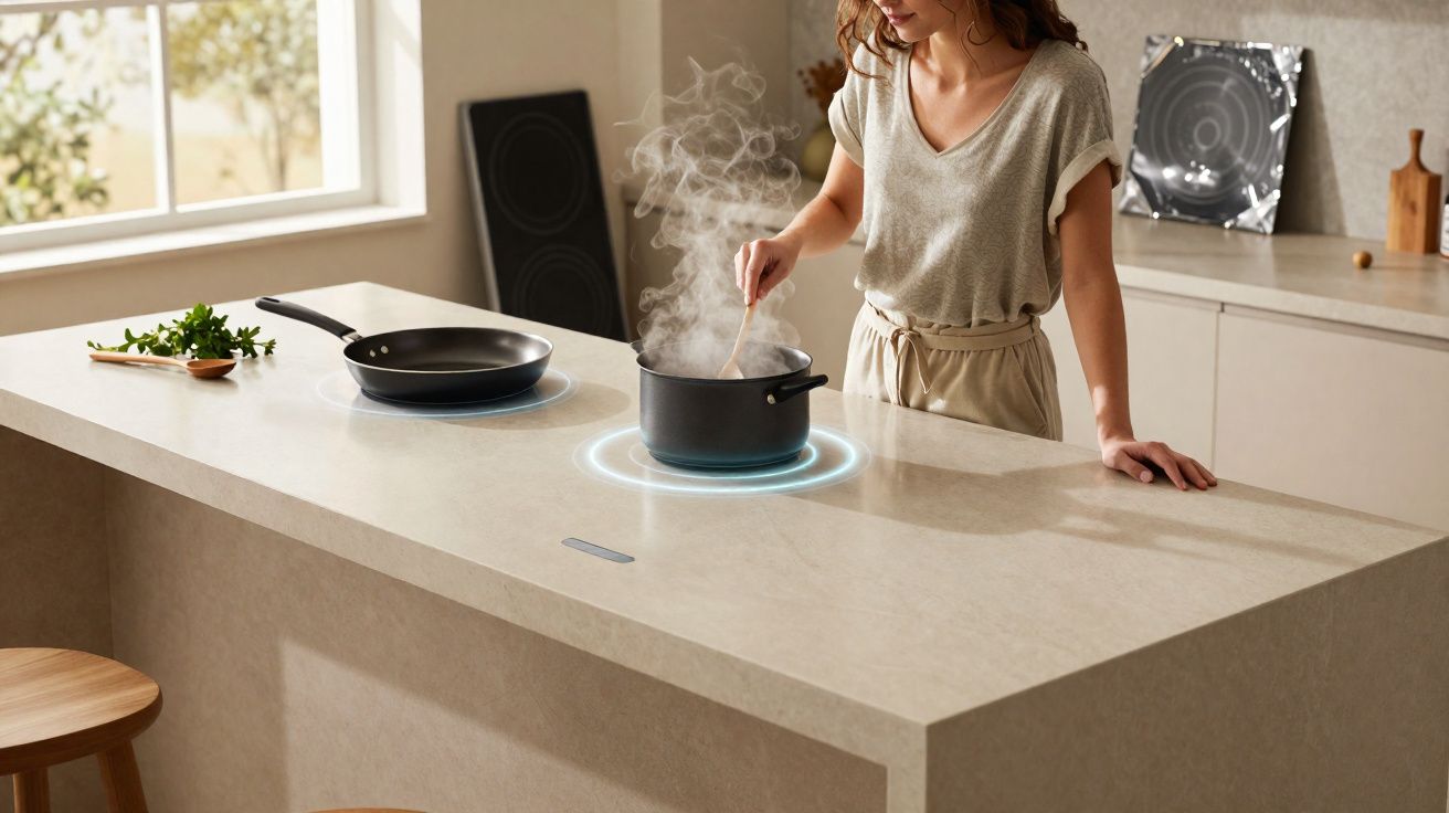 Mulher mexendo panela com vapor em fogão elétrico embutido na bancada de cozinha clara.