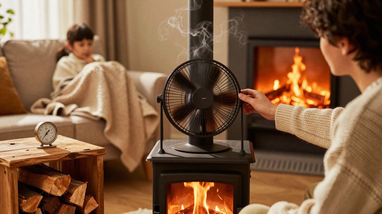 Pessoa ajusta ventilador perto de fogão à lenha, enquanto outra está coberta com manta no sofá.