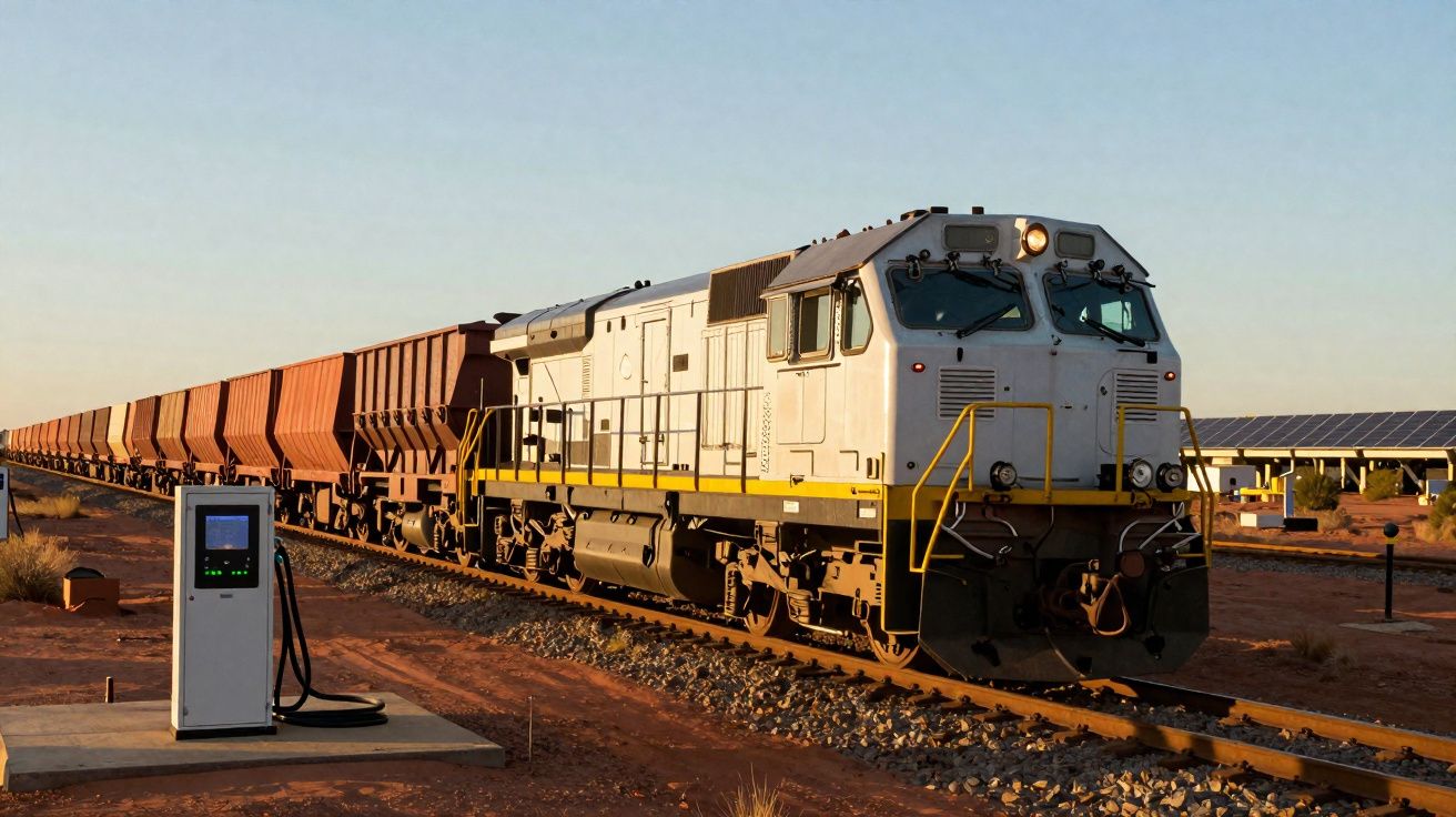 Trem de carga branco em estrada de ferro ao pôr do sol com estação de recarga elétrica próxima.