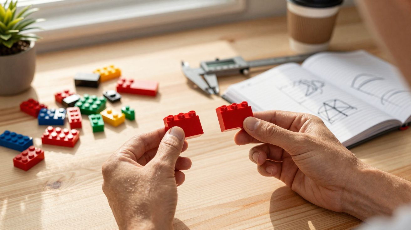 Mãos segurando duas peças vermelhas de Lego sobre mesa com peças coloridas e caderno de desenhos.