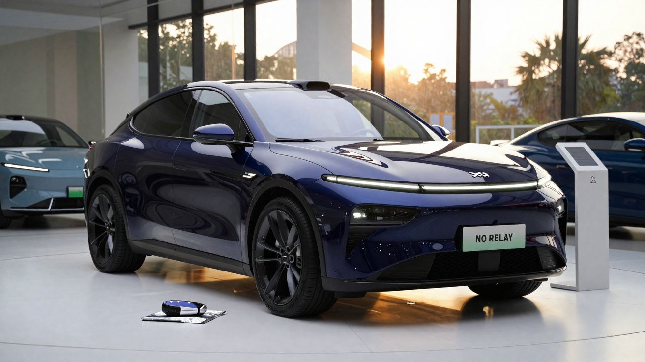 Carro elétrico azul escuro exposto em ambiente interno moderno com luz natural ao fundo.