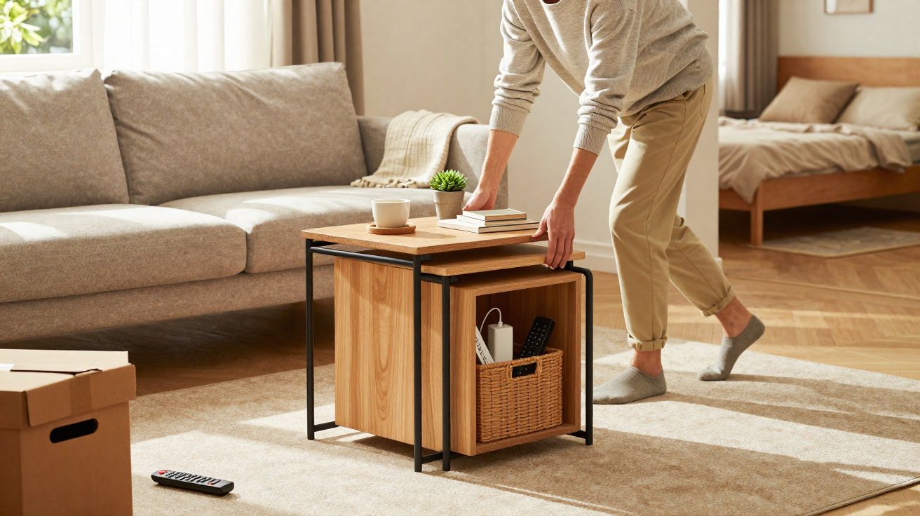 Pessoa ajustando mesa de centro de madeira em sala com sofá cinza e cama ao fundo.