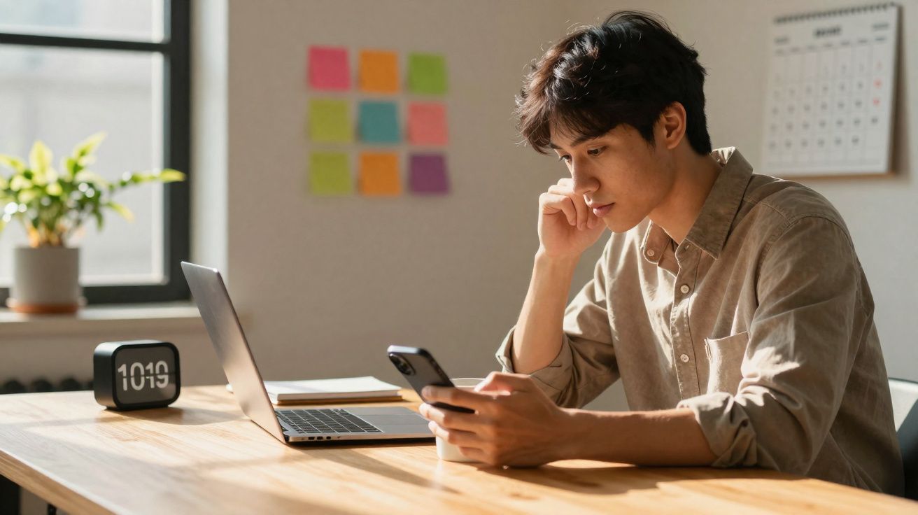 Jovem sentado à mesa usando celular, com laptop aberto, relógio digital e plantas ao fundo.