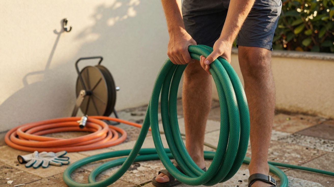 Pessoa vestindo shorts enrolando mangueira de jardim verde em área externa com piso de pedra.