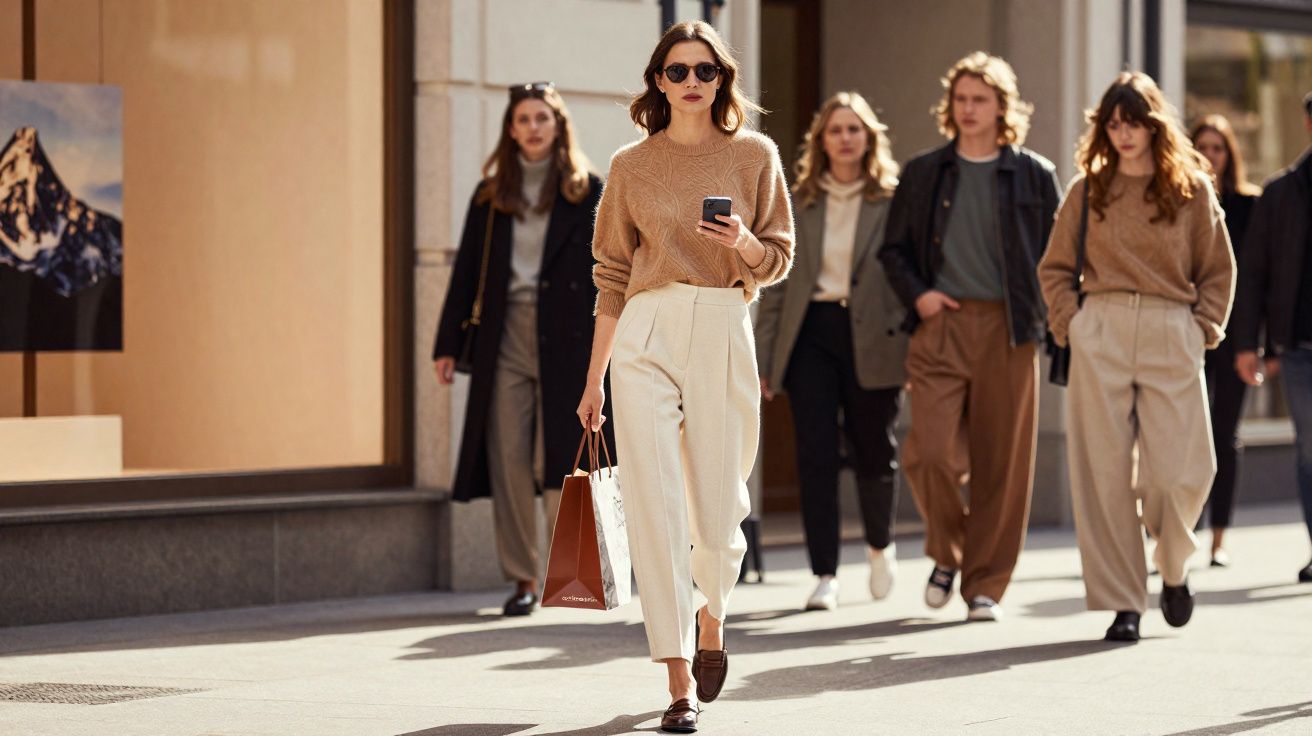 Mulher estilosa com suéter bege e calça clara caminhando com grupo na rua ensolarada, carregando sacola e celular.