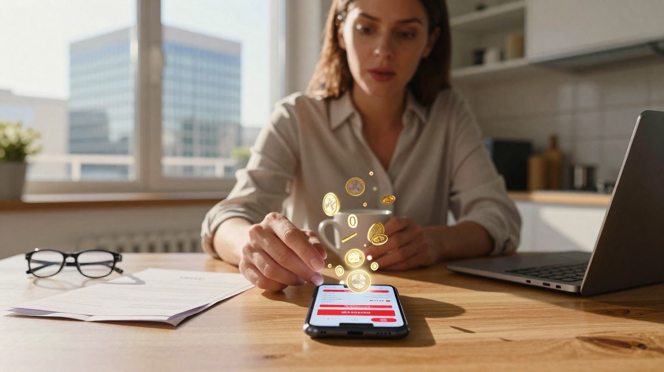 Mulher usando smartphone com moedas digitais flutuando, laptop e documentos em mesa de madeira.
