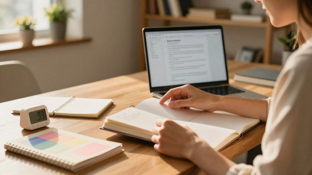 Pessoa lendo livro ao lado de laptop e outros materiais em mesa de madeira iluminada.