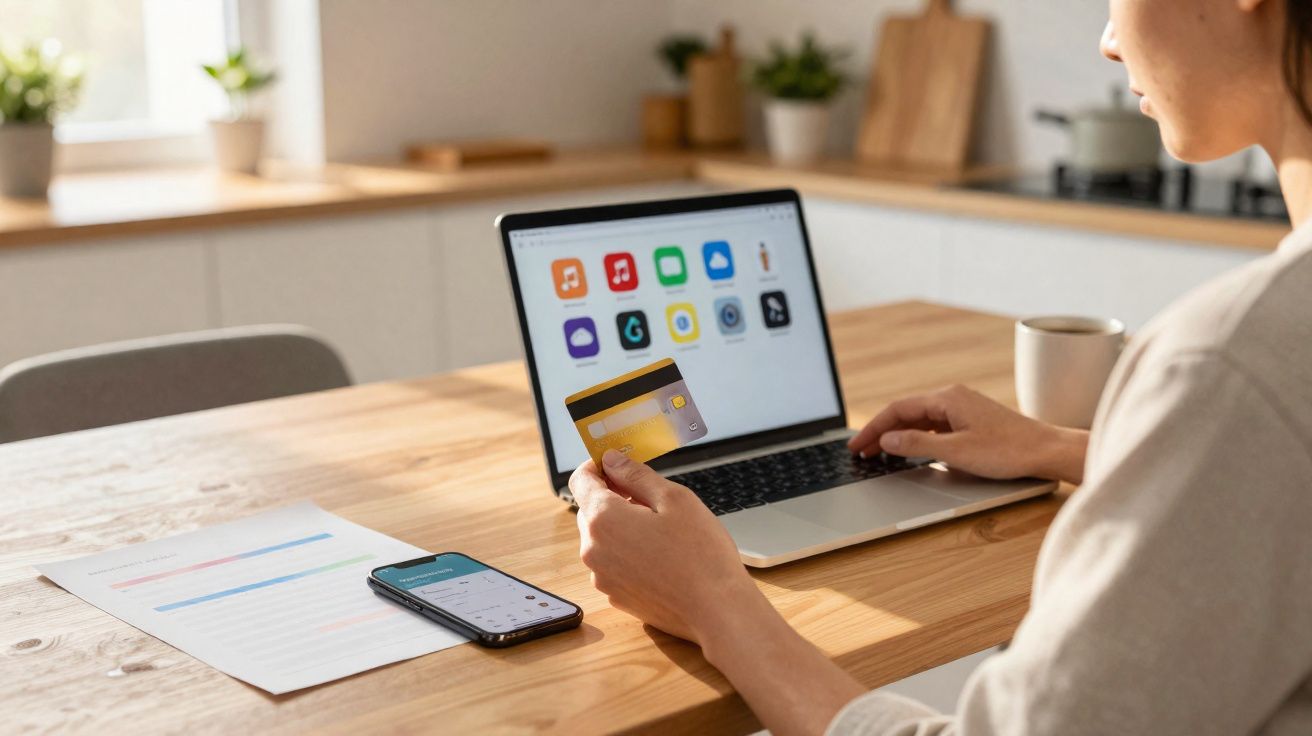 Pessoa realizando compra online com cartão de crédito, notebook, celular e documento sobre a mesa.