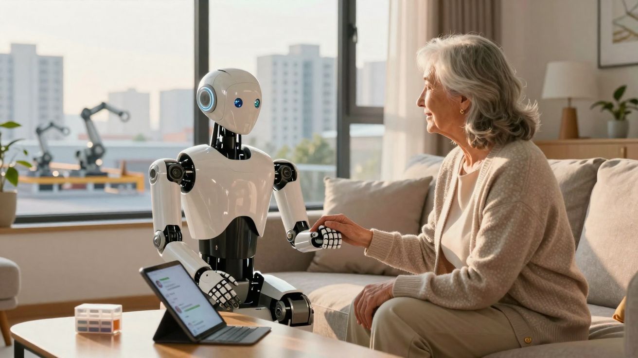 Robô segurando a mão de uma senhora idosa sentada em sofá em ambiente acolhedor e iluminado.